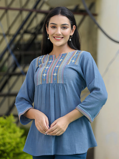 Kaajh Women's Light Blue Embroidered Cotton Top - Distacart