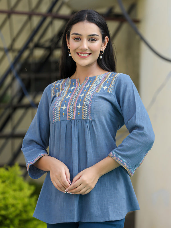 Kaajh Women's Light Blue Embroidered Cotton Top - Distacart