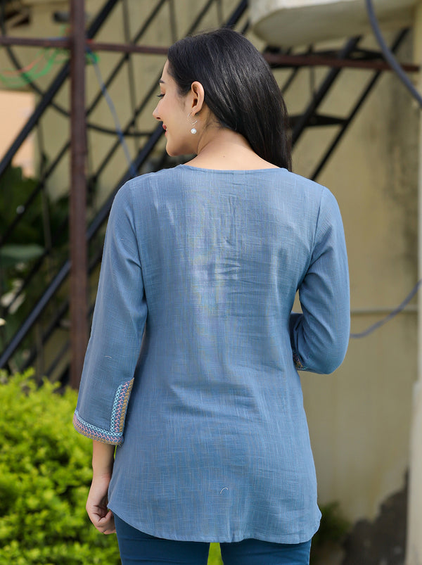 Kaajh Women's Light Blue Embroidered Cotton Top - Distacart