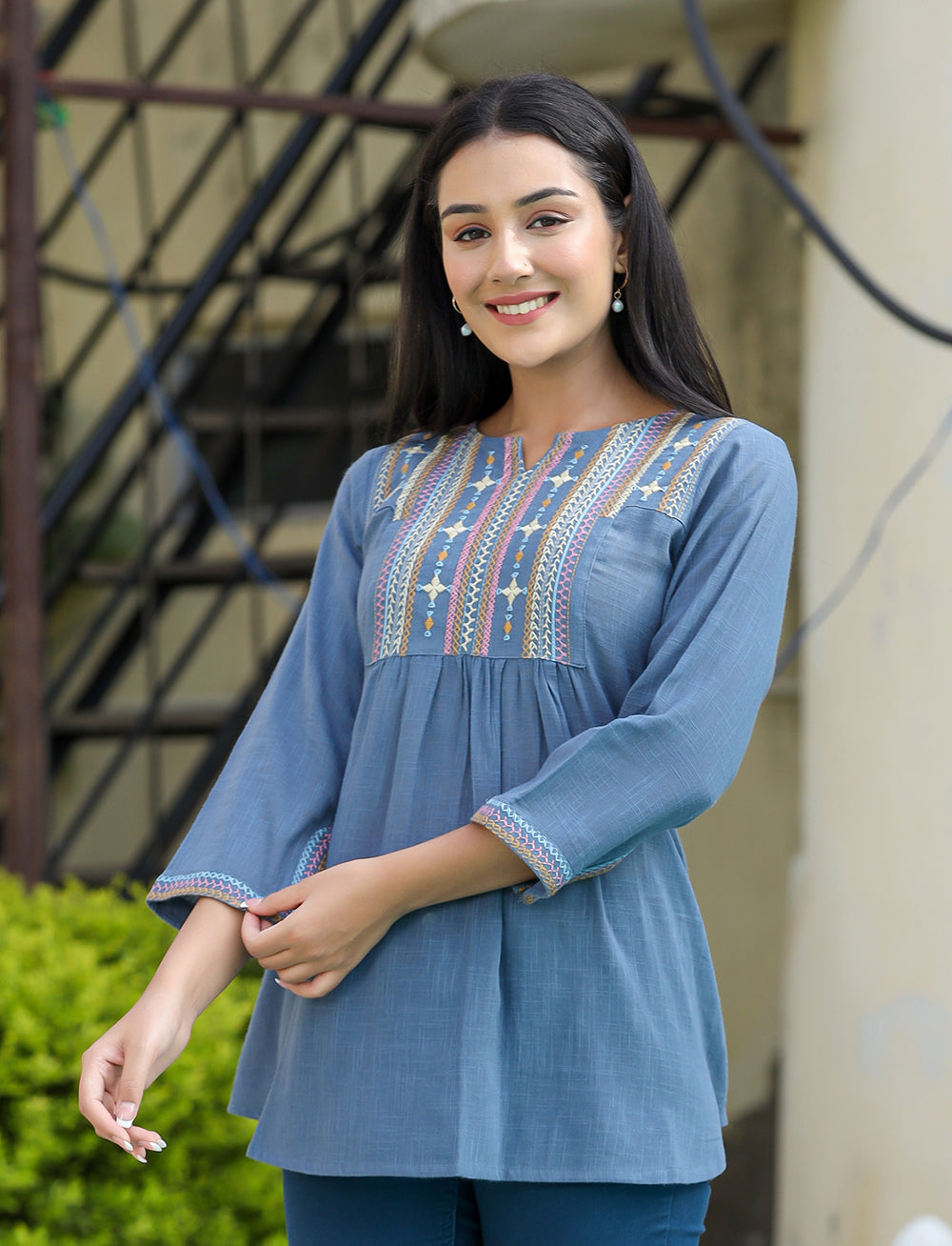 Kaajh Women's Light Blue Embroidered Cotton Top - Distacart