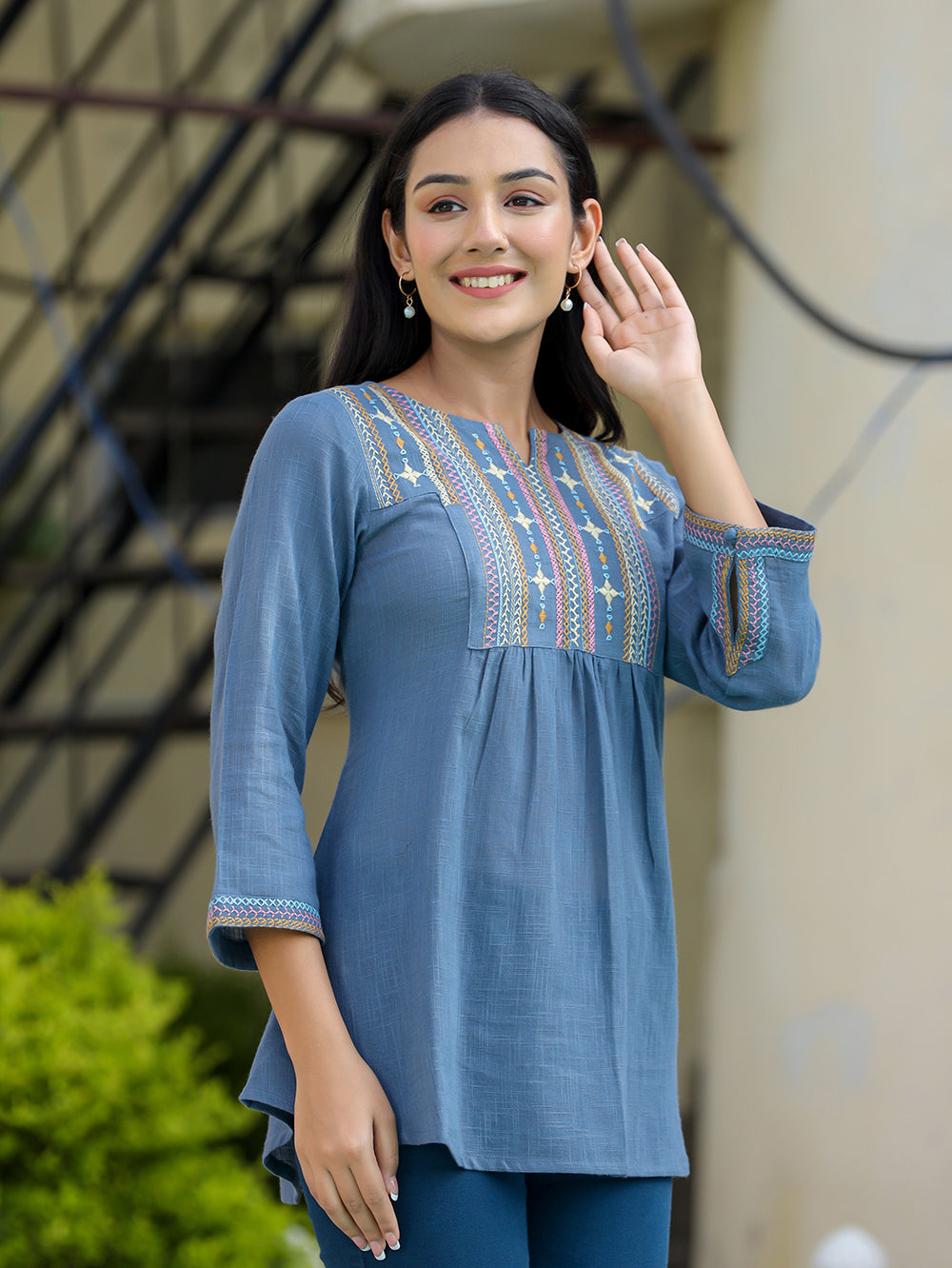 Kaajh Women's Light Blue Embroidered Cotton Top - Distacart