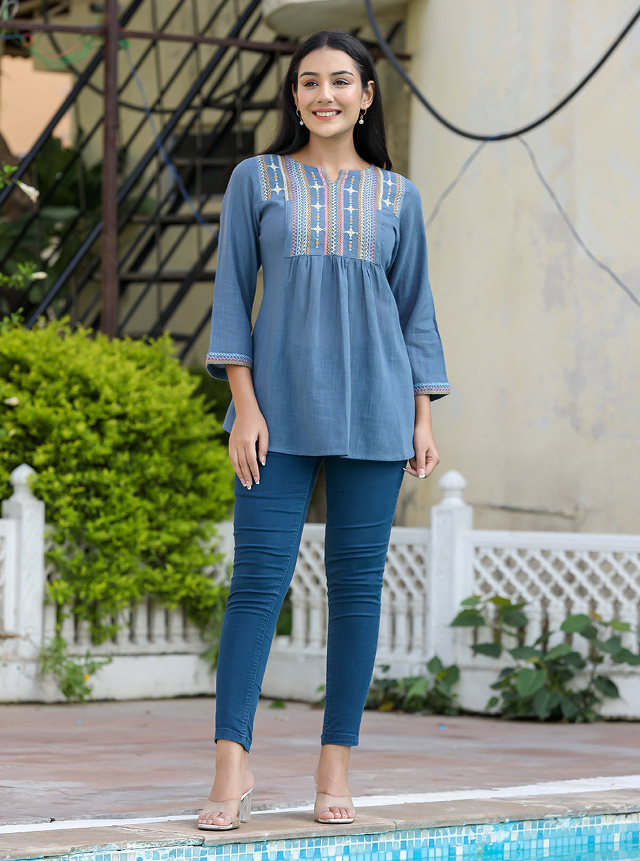 Kaajh Women's Light Blue Embroidered Cotton Top - Distacart