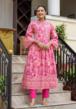 Thumbnail for Kaajh Women's Pink Floral Print Cotton Kurta Set - Distacart