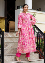 Thumbnail for Kaajh Women's Pink Floral Print Cotton Kurta Set - Distacart