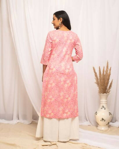 FIORRA Women's Floral Printed Peach Cotton Straight Kurta - Distacart