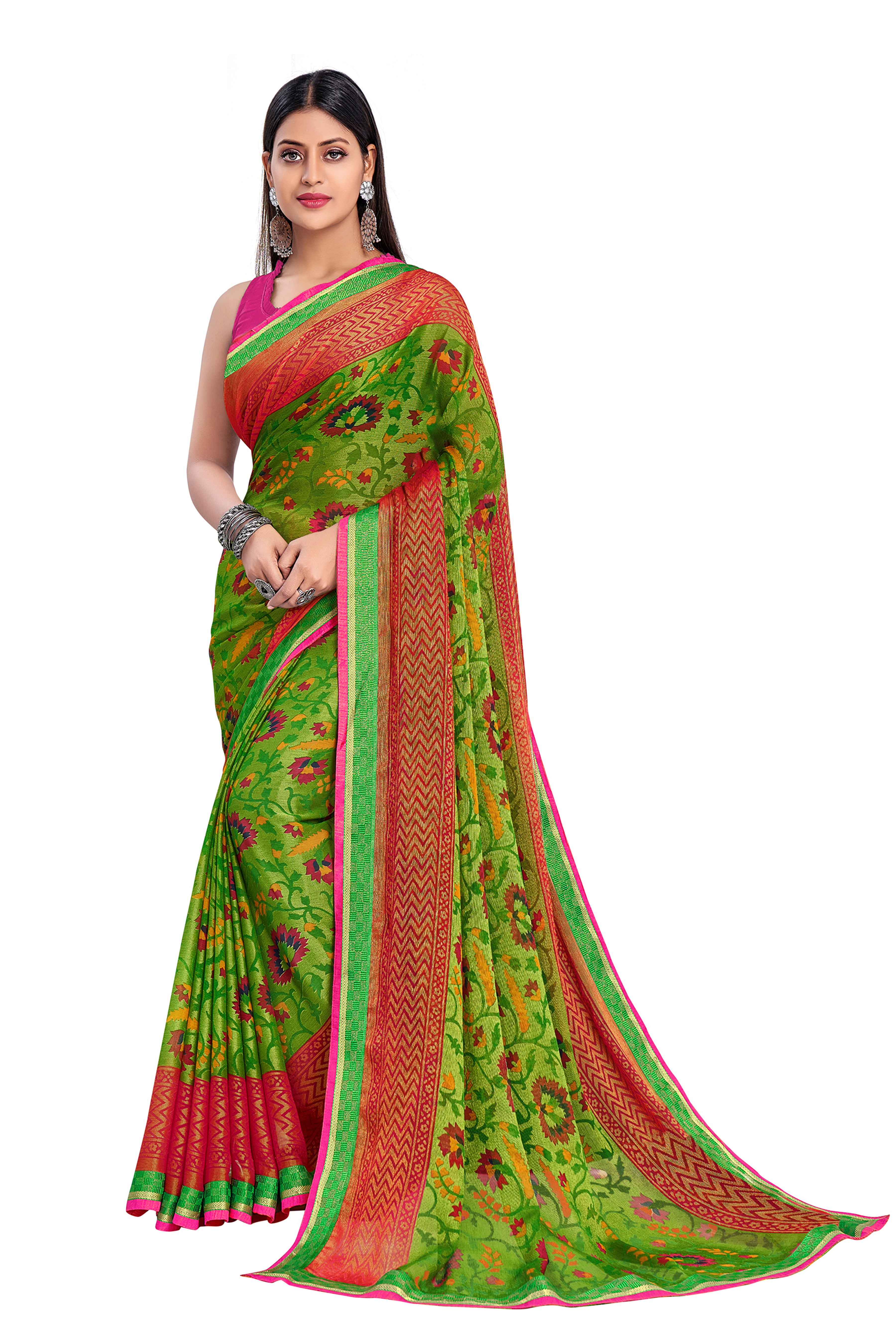 Vamika Green & Pink Designer Chiffon Brasso Saree With Exclusive Banarasi Lace - Distacart
