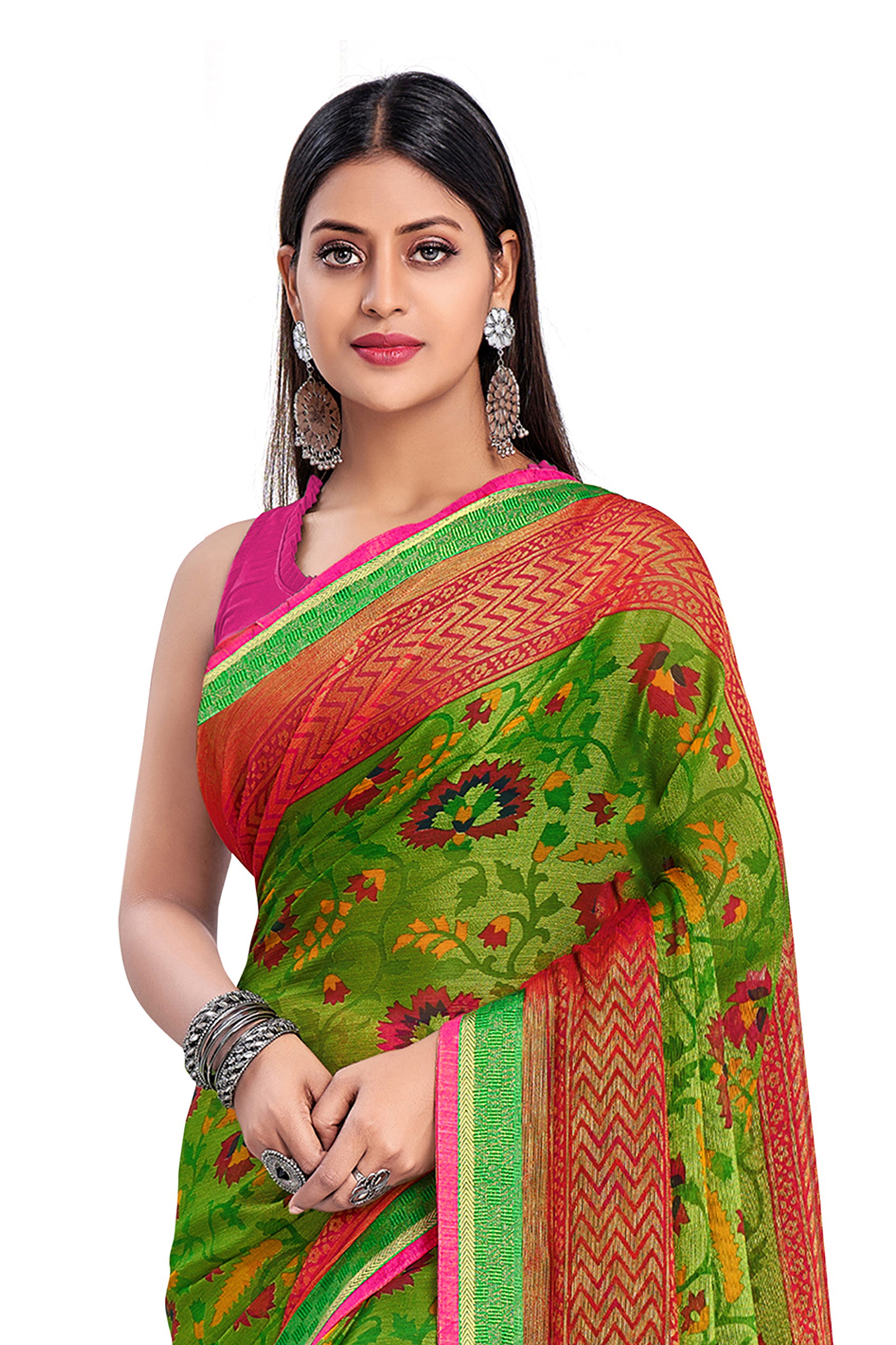 Vamika Green & Pink Designer Chiffon Brasso Saree With Exclusive Banarasi Lace - Distacart
