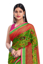 Thumbnail for Vamika Green & Pink Designer Chiffon Brasso Saree With Exclusive Banarasi Lace - Distacart