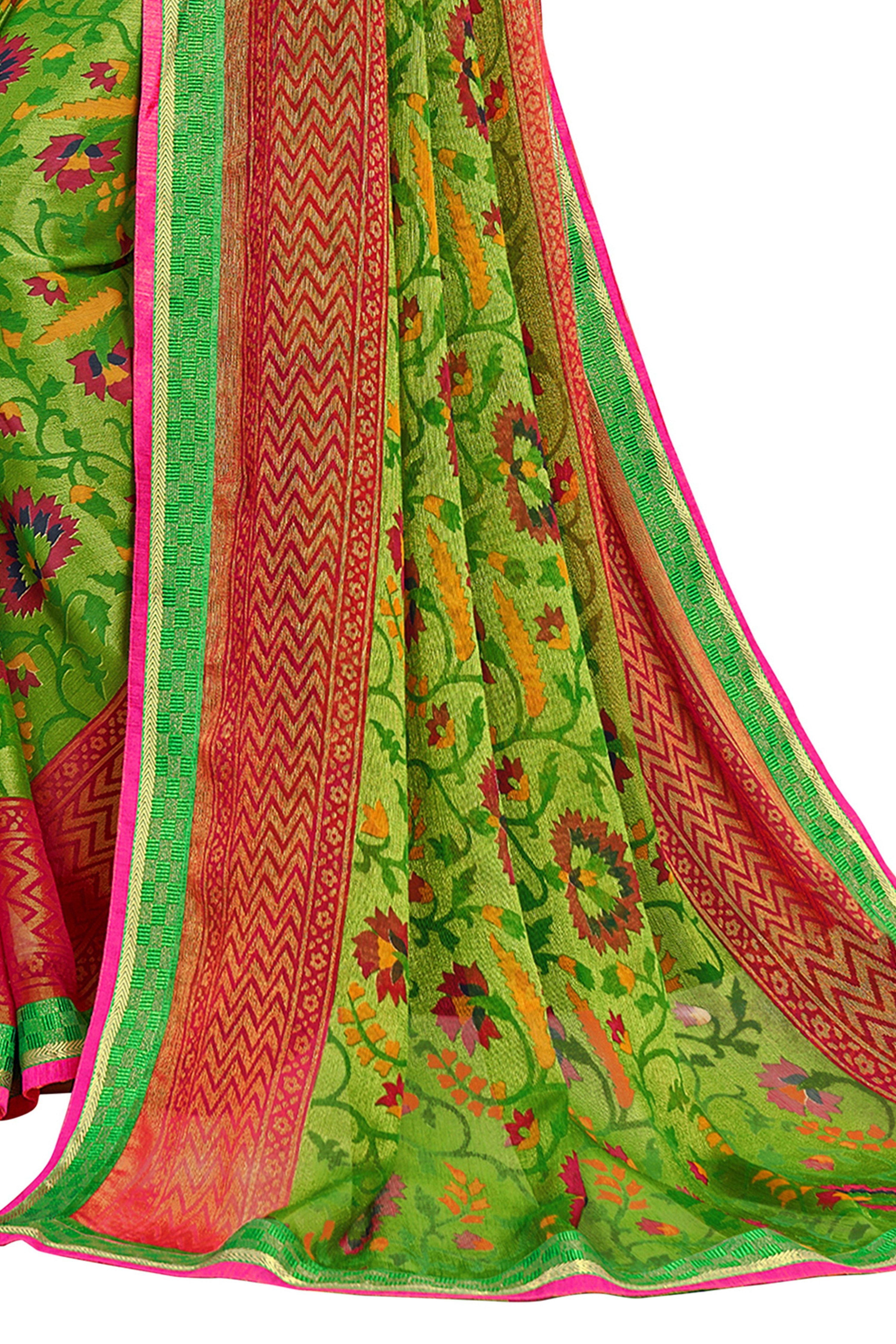Vamika Green & Pink Designer Chiffon Brasso Saree With Exclusive Banarasi Lace - Distacart