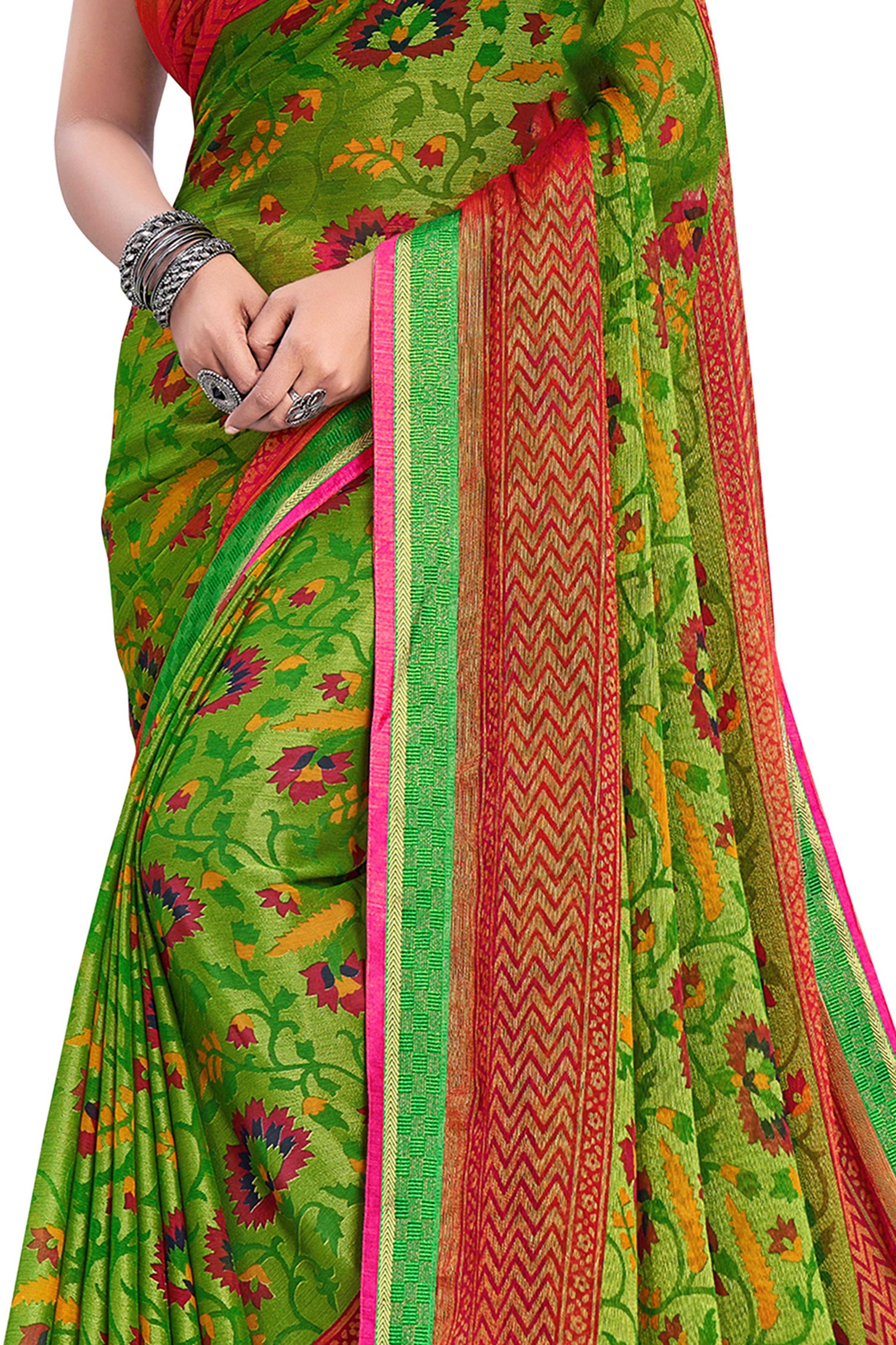 Vamika Green & Pink Designer Chiffon Brasso Saree With Exclusive Banarasi Lace - Distacart
