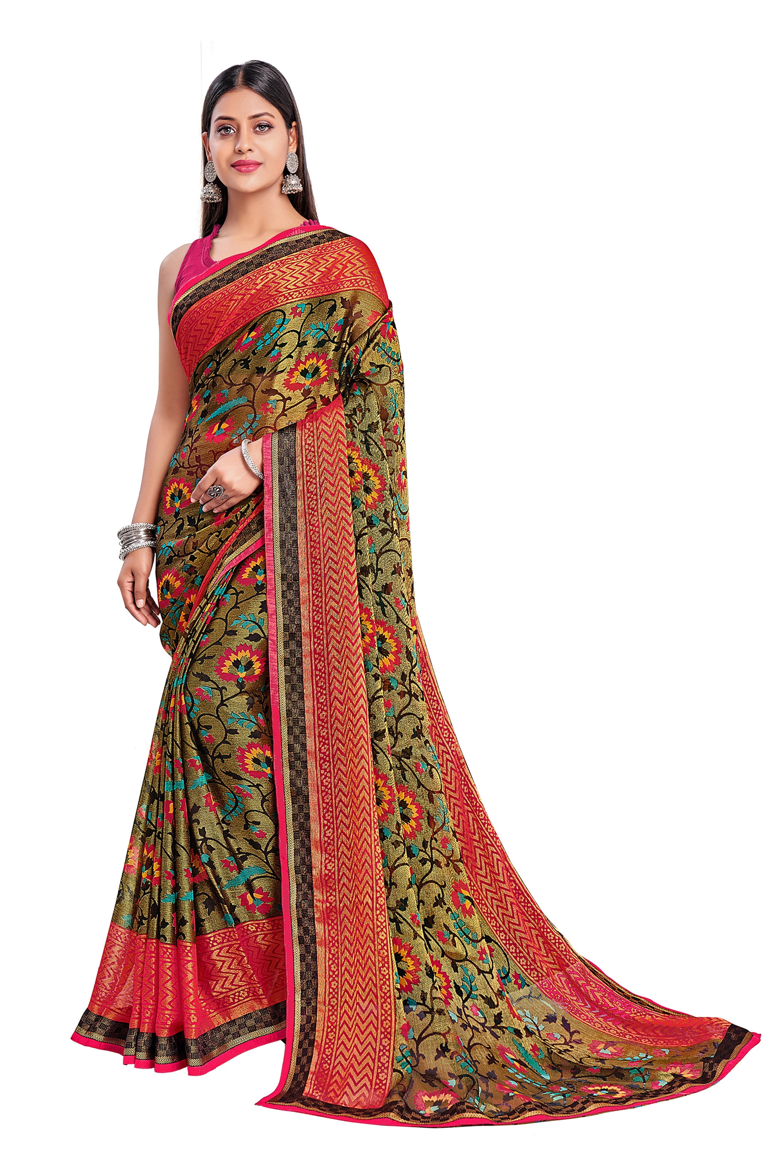 Vamika Golden Yellow Designer Chiffon Brasso Saree With Exclusive Banarasi Lace - Distacart