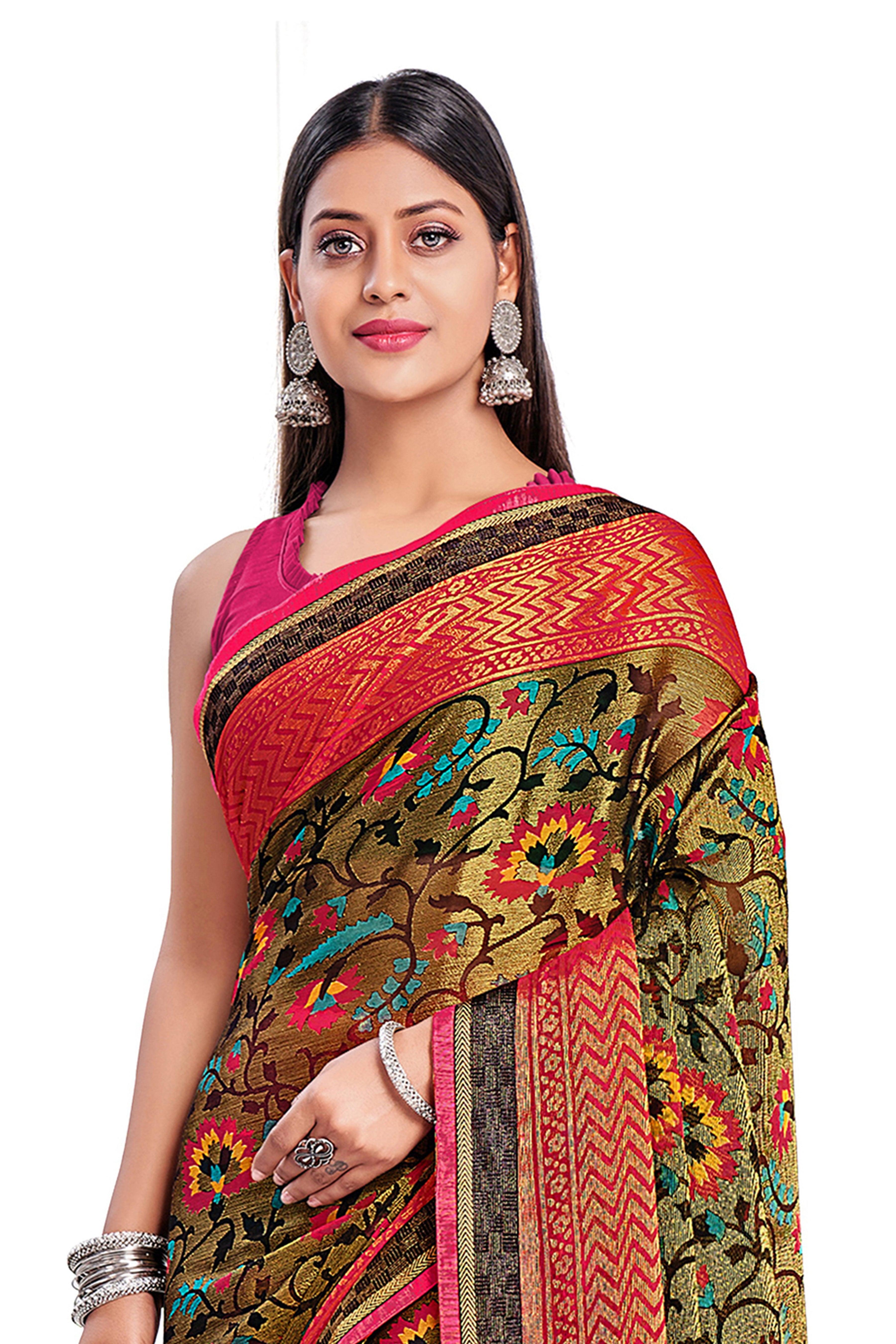 Vamika Golden Yellow Designer Chiffon Brasso Saree With Exclusive Banarasi Lace - Distacart