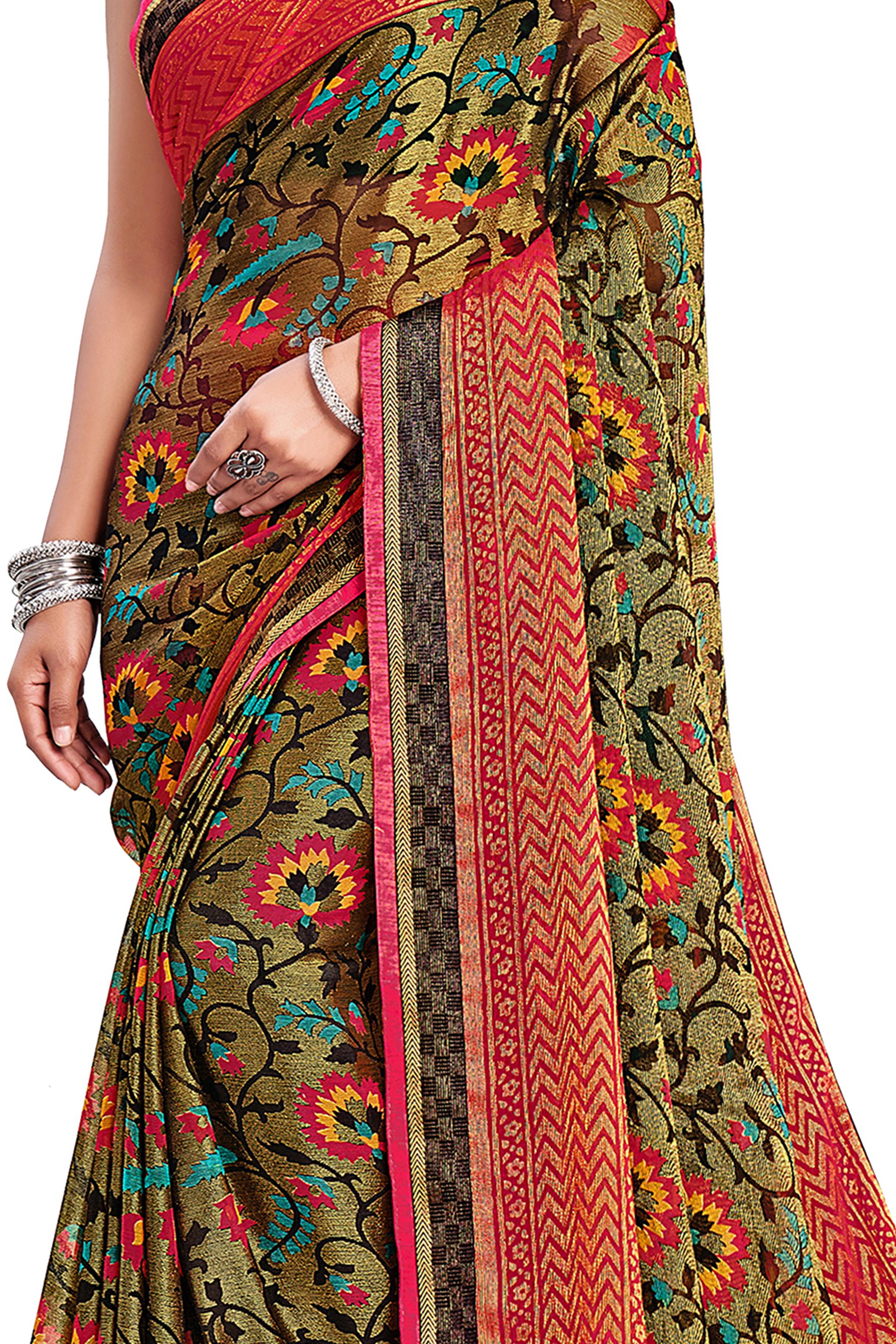 Vamika Golden Yellow Designer Chiffon Brasso Saree With Exclusive Banarasi Lace - Distacart