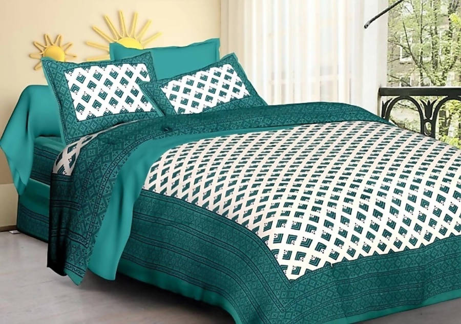 Vamika Printed Cotton Sea Green & White Bedsheet With Pillow Covers (LEOC_BRFI_SG) - Distacart
