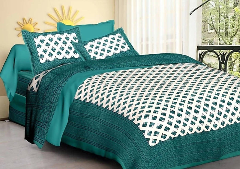 Vamika Printed Cotton Sea Green &amp; White Bedsheet With Pillow Covers (LEOC_BRFI_SG) - Distacart