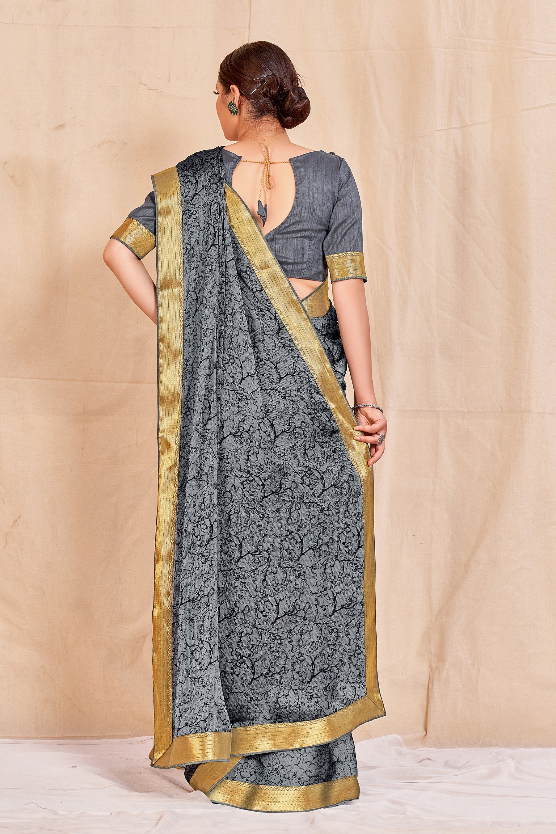 Vamika Grey Designer Cadbury Chiffon Banarasi Lace Saree - Distacart