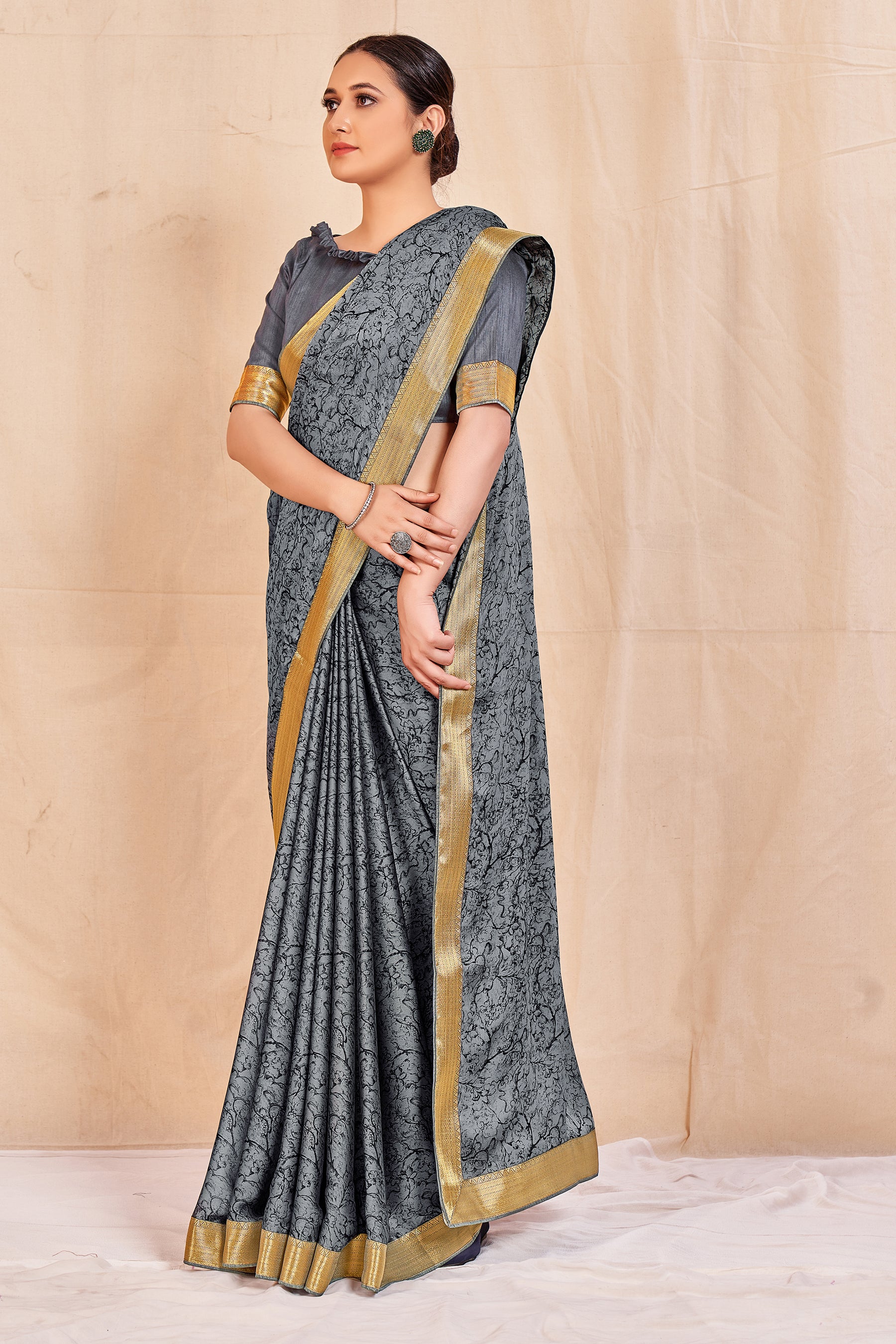 Vamika Grey Designer Cadbury Chiffon Banarasi Lace Saree - Distacart