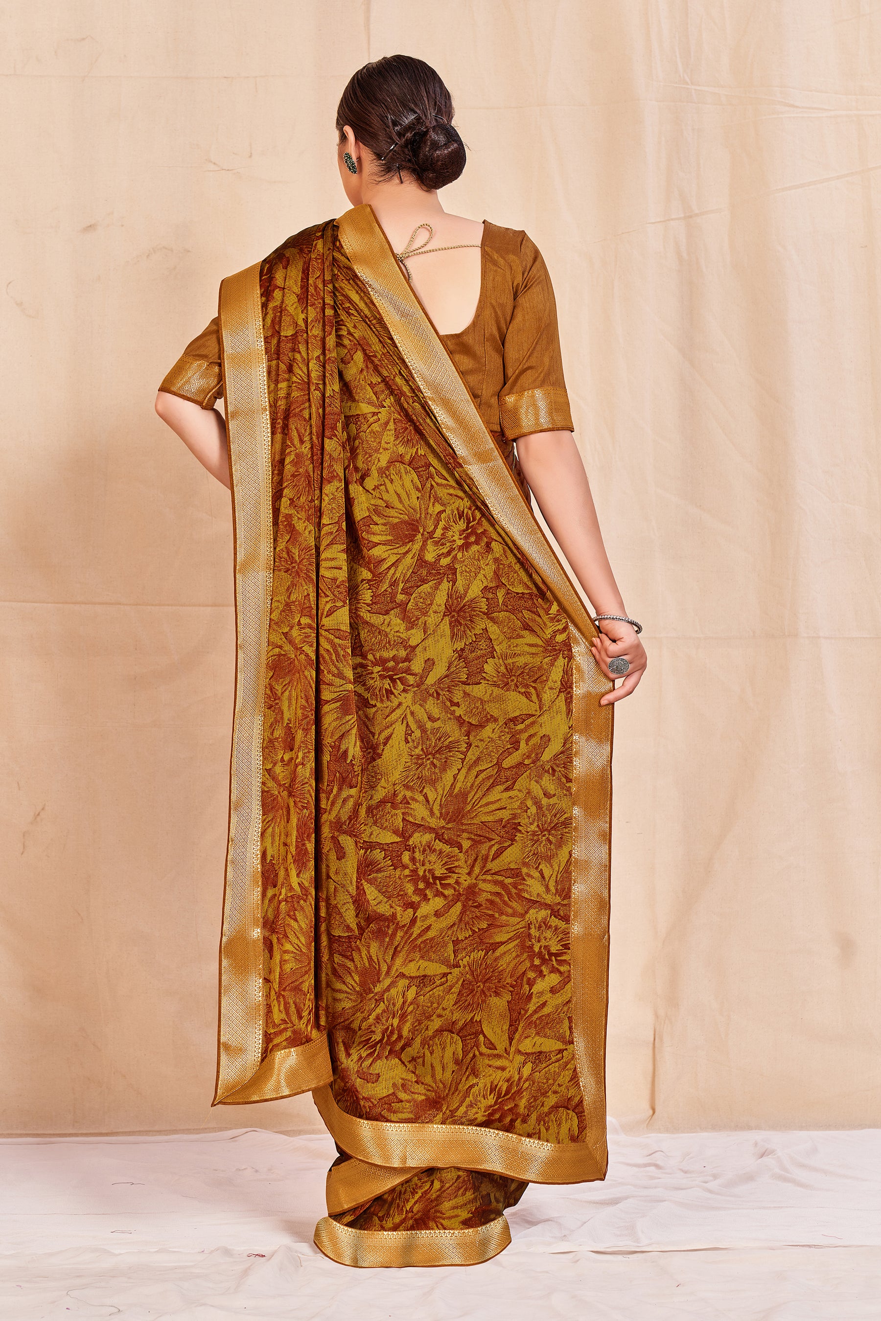 Vamika Mustard Designer Cadbury Chiffon Banarasi Lace Saree - Distacart