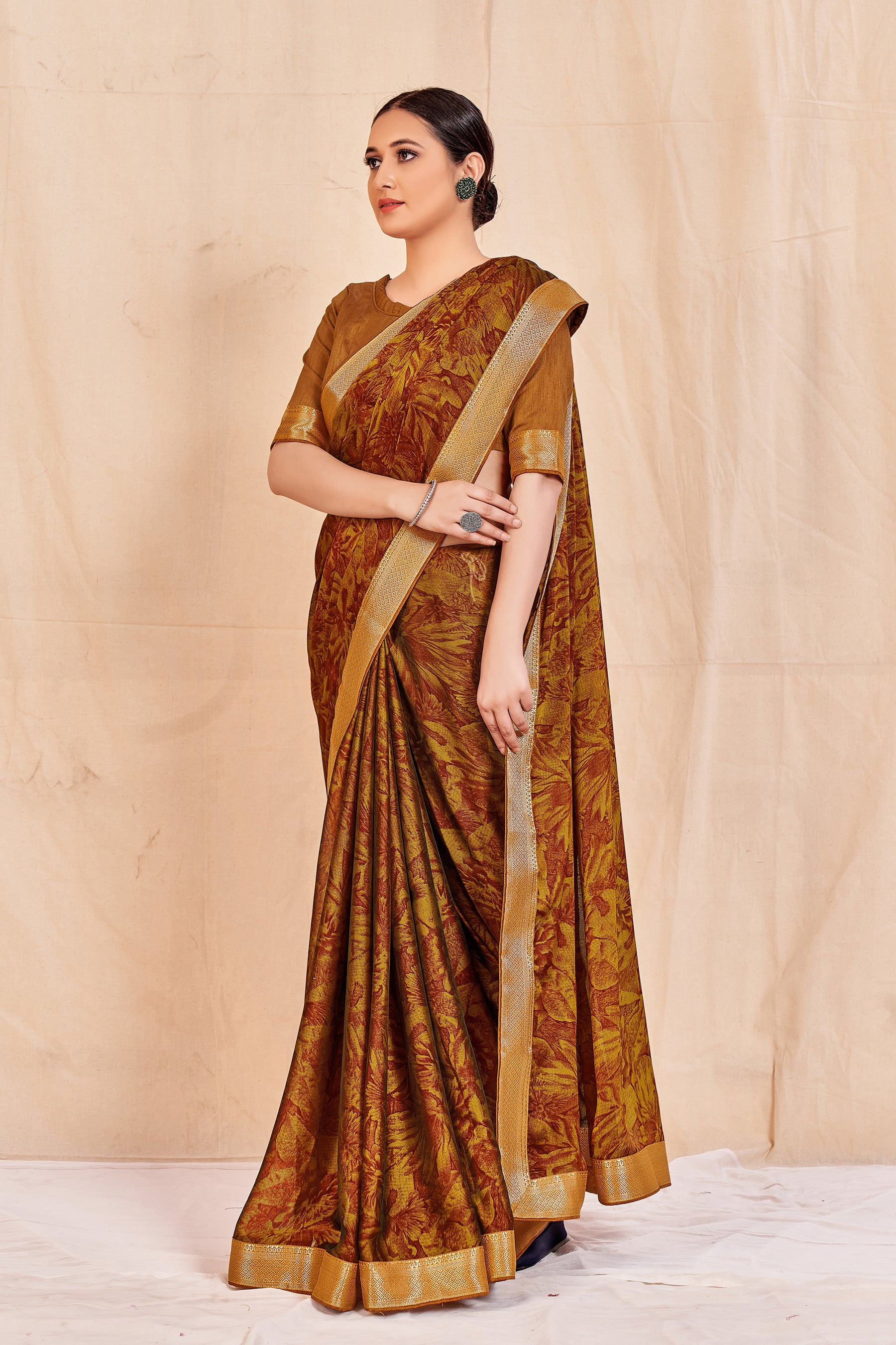 Vamika Mustard Designer Cadbury Chiffon Banarasi Lace Saree - Distacart