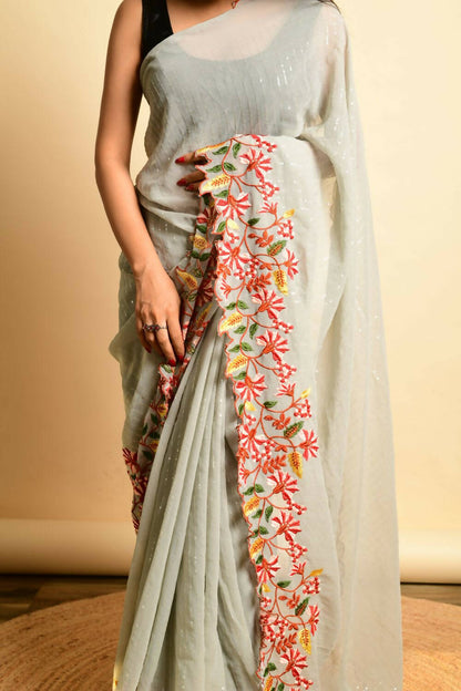 Vastrasky Grey Georgette Designer Saree - Distacart
