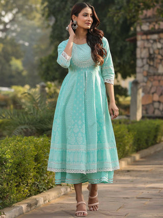 Juniper Women's Aqua Cambric Floral Printed Double Layered Kalidar Dress - Distacart