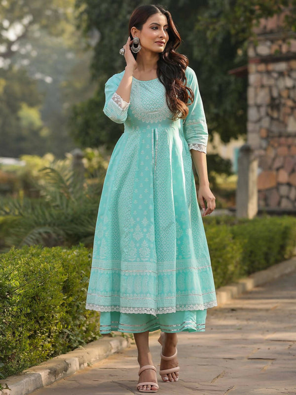 Juniper Women's Aqua Cambric Floral Printed Double Layered Kalidar Dress - Distacart