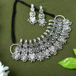 Thumbnail for Mominos Fashion Johar Kamal Oxidised Silver-Plated Brass Finish Temple Jewellery with Earrings For Women - Distacart