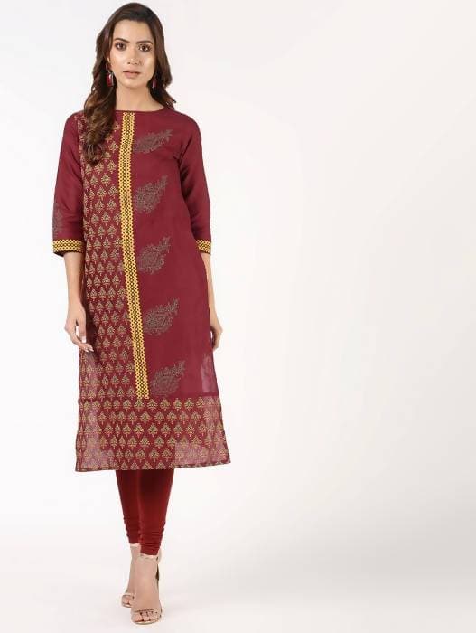 Aniyah Cotton Block Printed Maroon Straight Kurta (AN-141K)