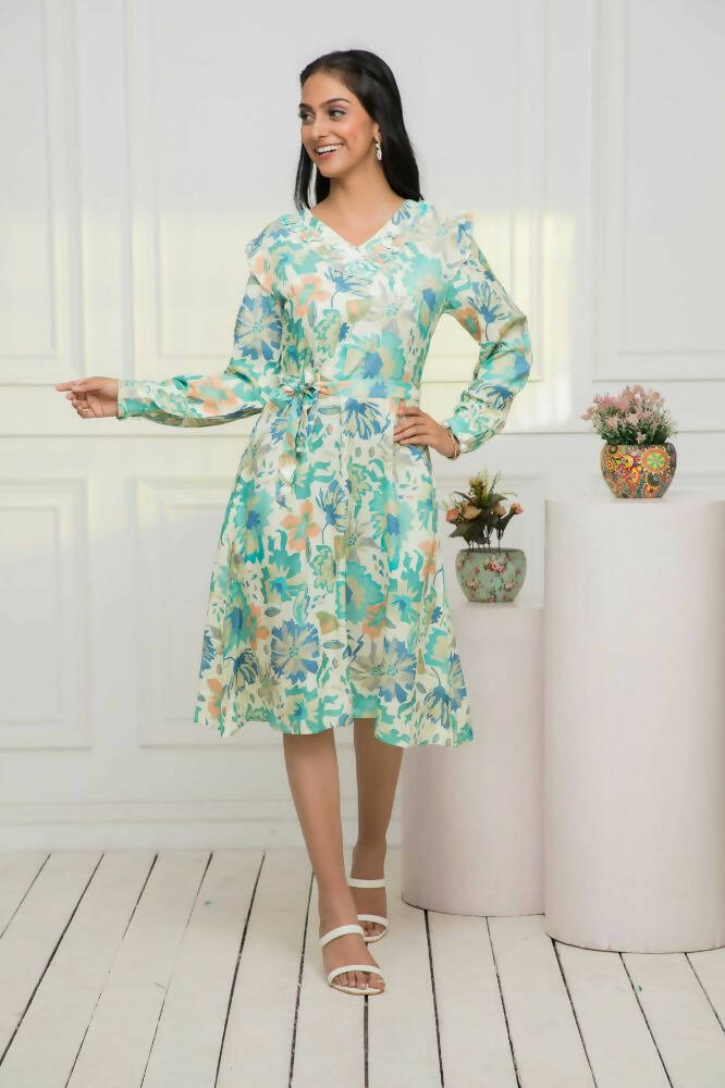 Myshka Women Multi Abstract Rayon A-Line V-Neck Dress - Distacart