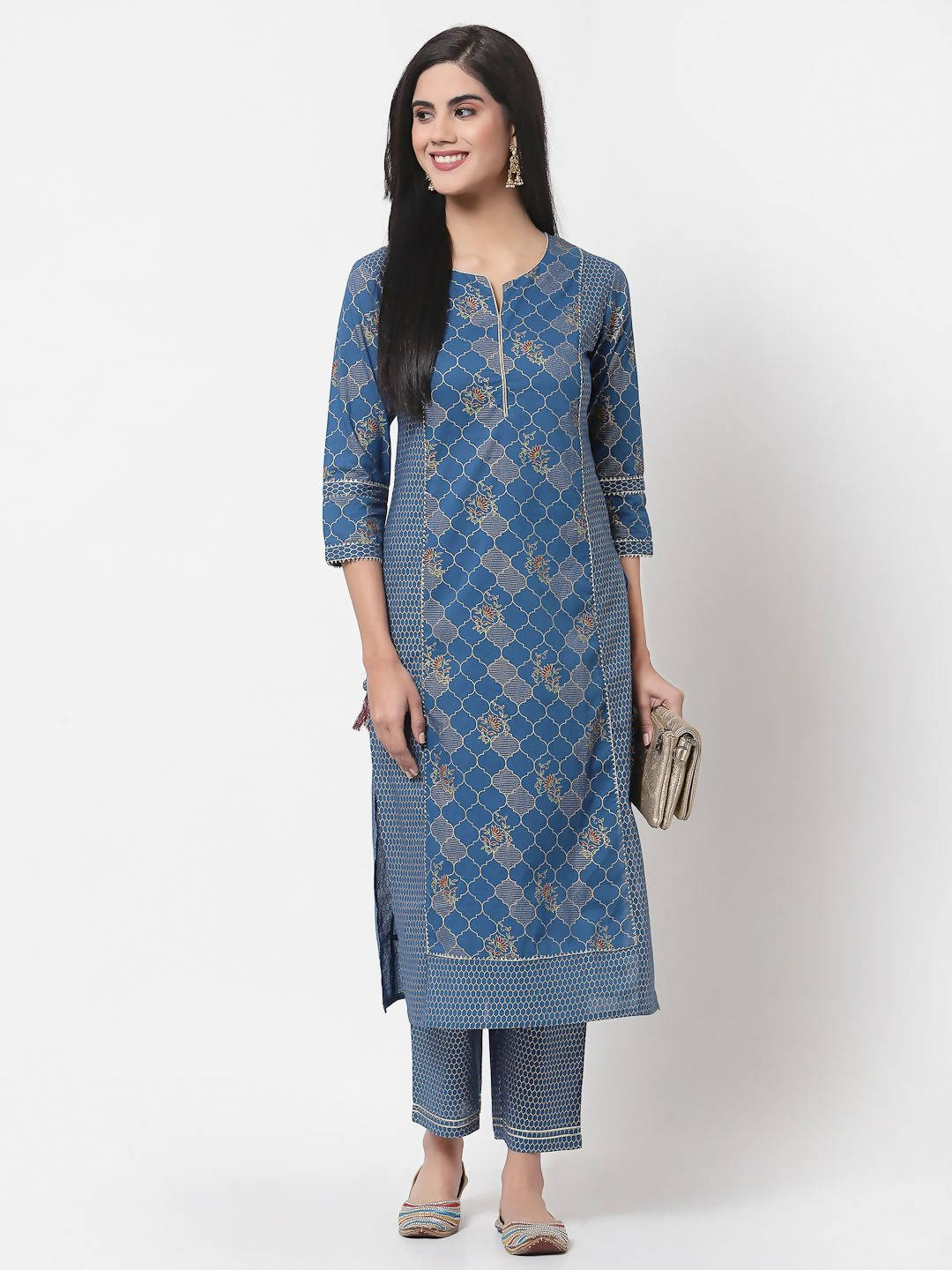 Myshka Women's Navy Blue Printed 3/4 Sleeve Cotton Round Neck Casual Kurta & Pant Set