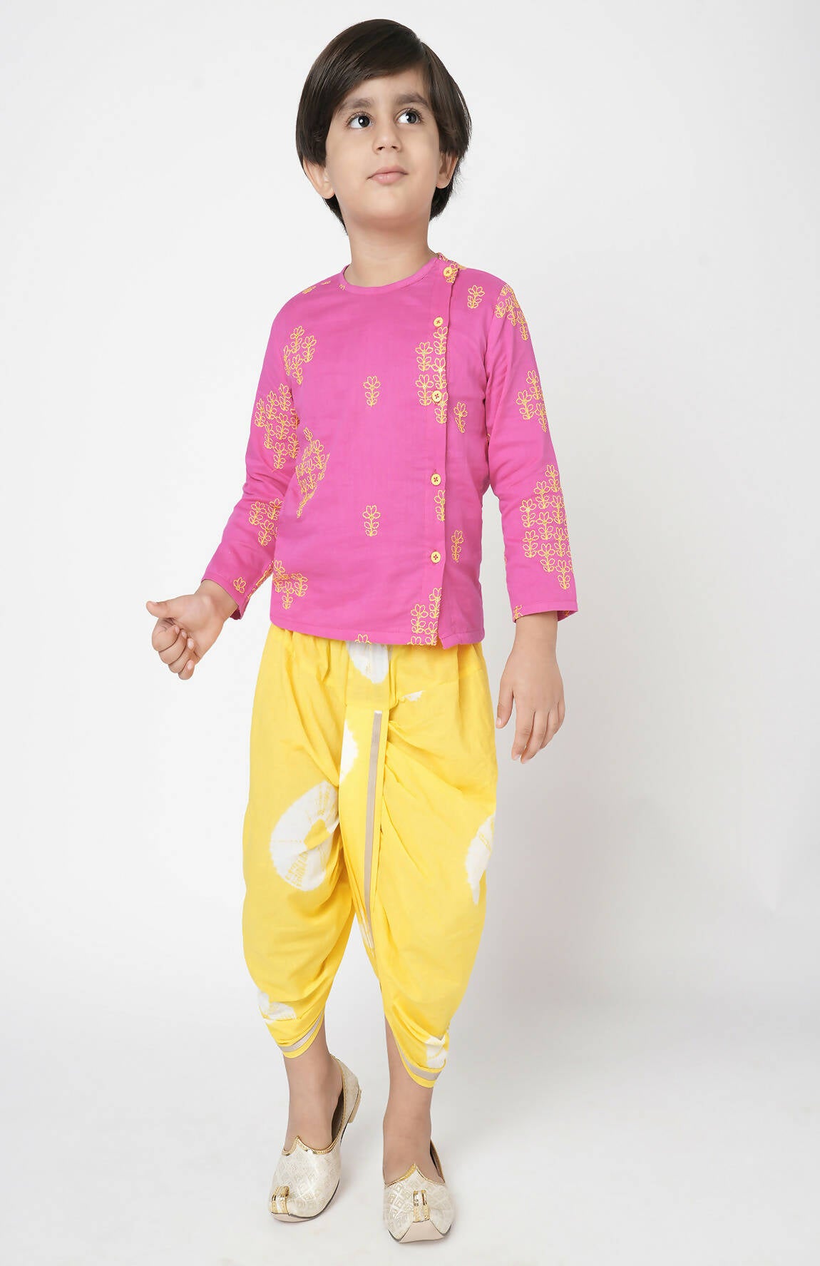 Lil Drama Marigold Magic Boys Pink Embroidered Kurta With Dhoti Set - Distacart