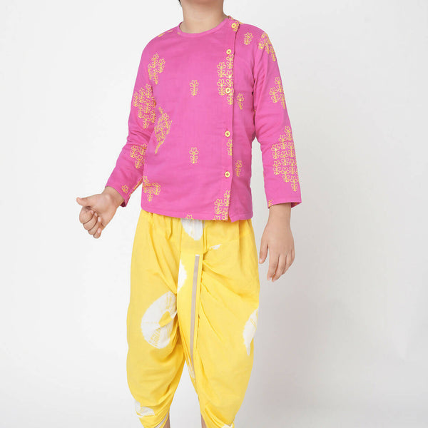 Lil Drama Marigold Magic Boys Pink Embroidered Kurta With Dhoti Set - Distacart