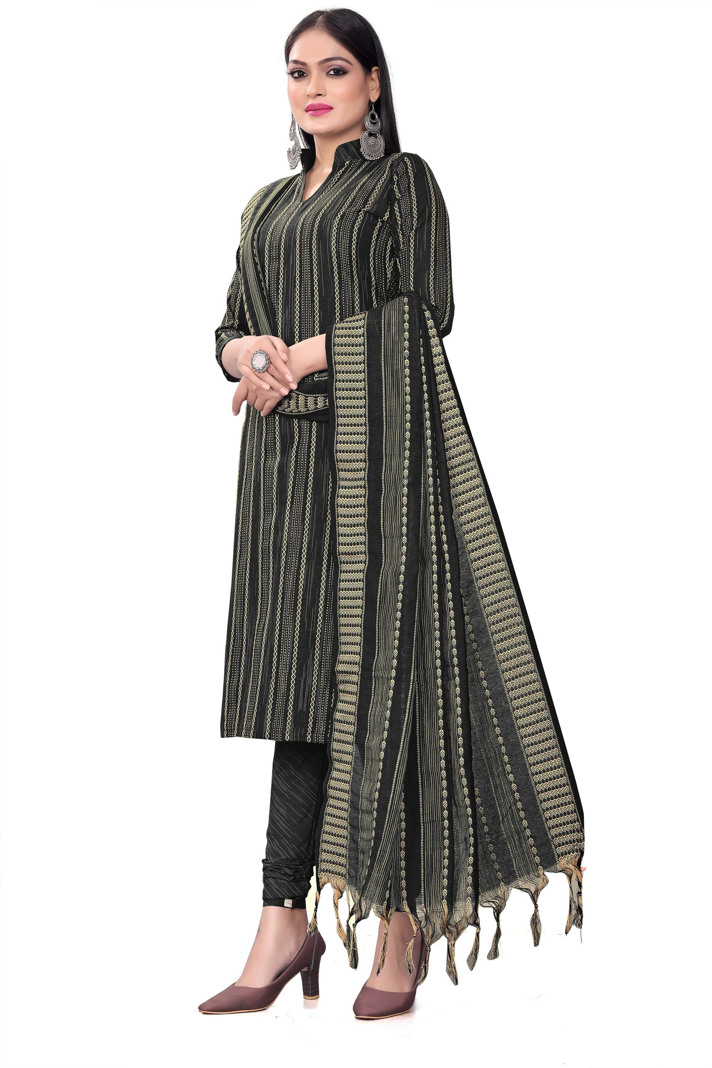 Black Cotton Jacquard Woven Unstitched Dress Material - Tanvi - Distacart