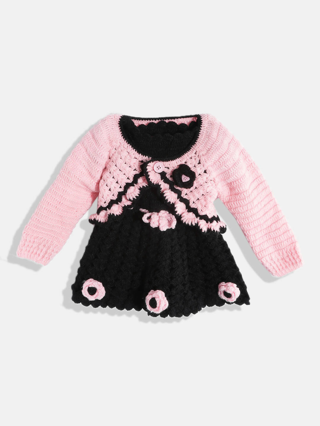 Chutput Kids Woollen Hand Knitted Full Sleeves Cardigan With Short Sleeves Flower Work Dress - Pink - Distacart