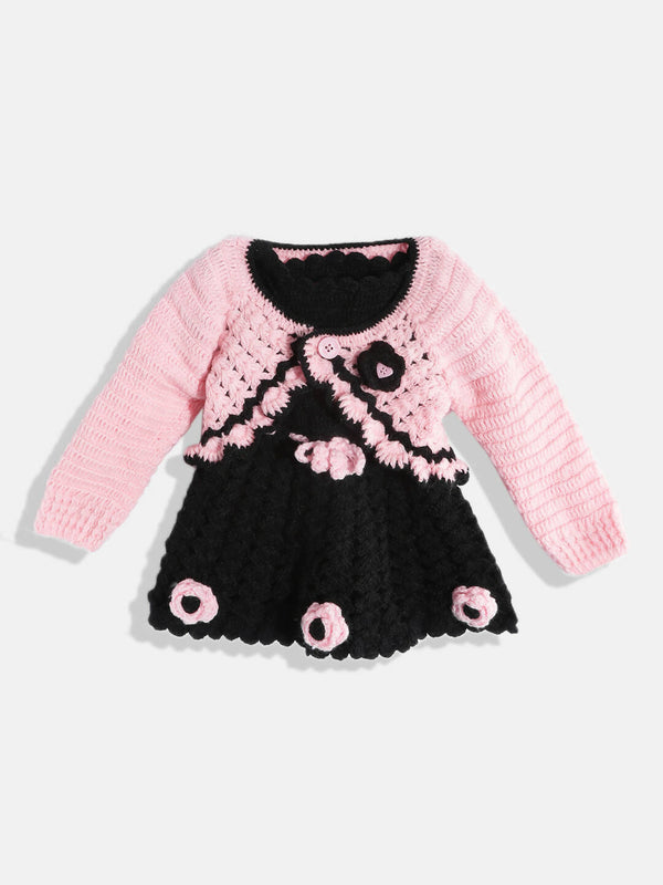 Chutput Kids Woollen Hand Knitted Full Sleeves Cardigan With Short Sleeves Flower Work Dress - Pink - Distacart