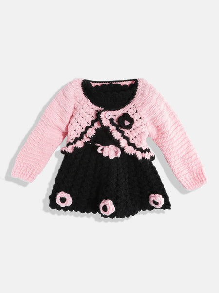 Chutput Kids Woollen Hand Knitted Full Sleeves Cardigan With Short Sleeves Flower Work Dress - Pink - Distacart