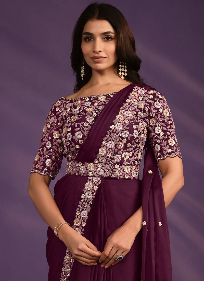 Wine Crepe Satin Silk Embroidered Saree With Stitched Blouse - Mohmanthan Exotica - Distacart