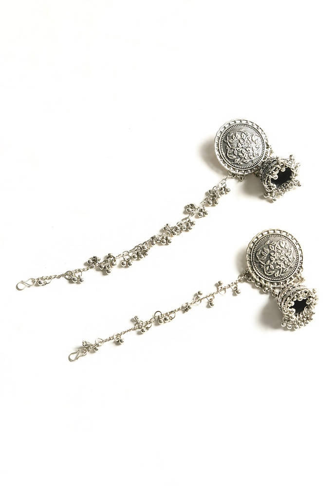 Tehzeeb Creations Silver Colour Earrings With Chain And Jhumki Style