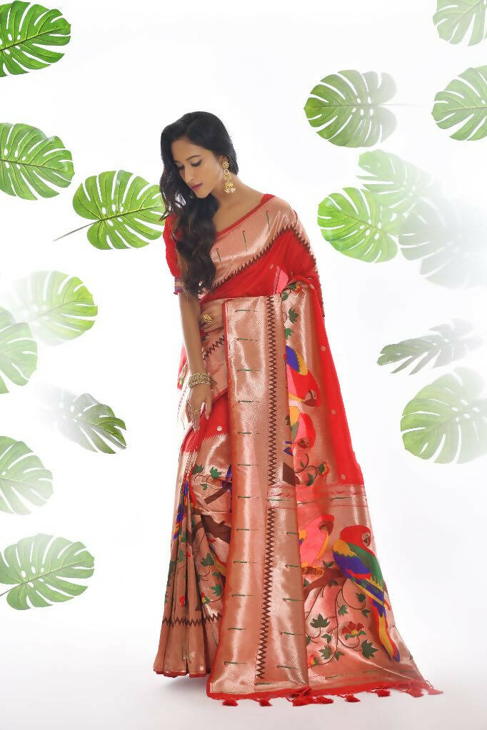 Vishnu Weaves Women's Red Paithani Silk Zari Woven Saree with Unstitched Blouse - Distacart
