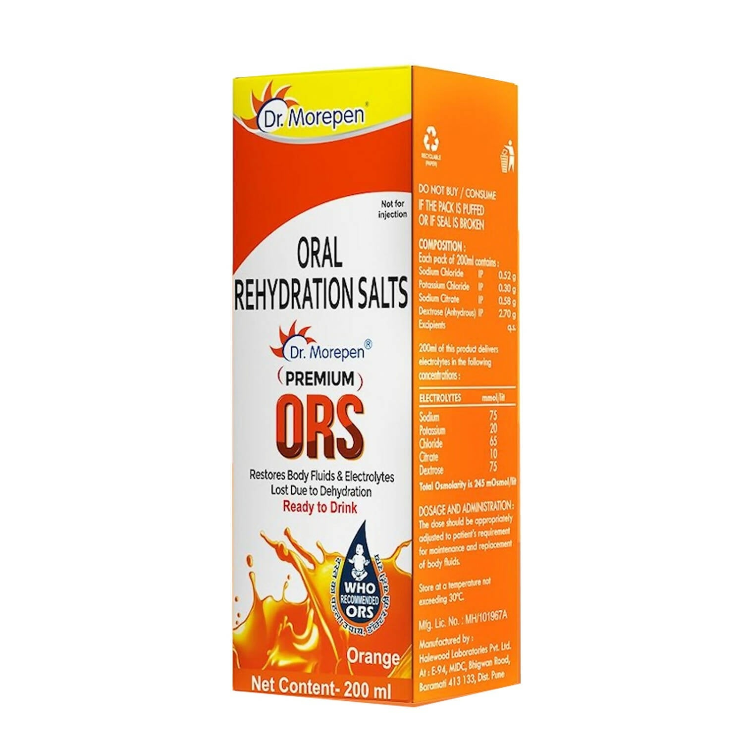 Dr. Morepen Premium ORS Drink With Electrolytes for Instant Hydration Orange Flavour - Distacart