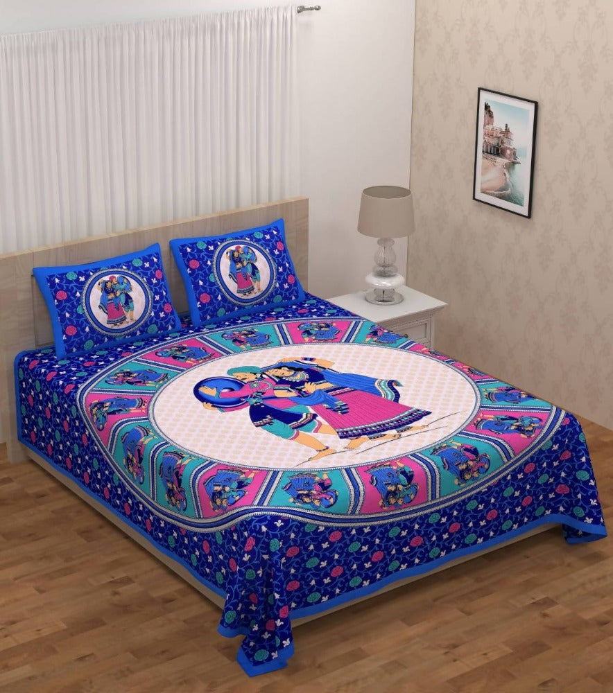 Vamika Printed Cotton Dafli Blue Bedsheet With Pillow Covers 