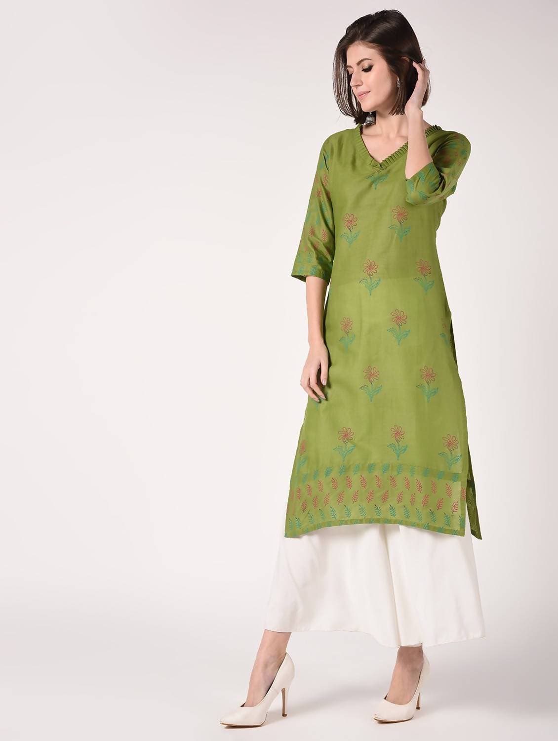 Cheera Hand Block Print straight Kurta with Palazzo In Olive green & White