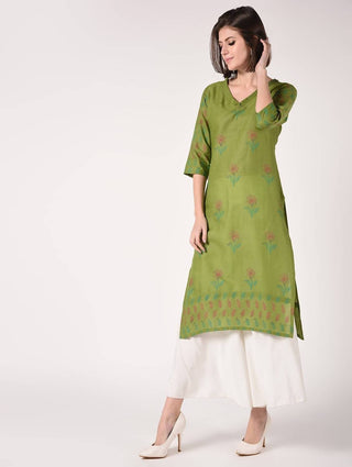 Cheera Hand Block Print straight Kurta with Palazzo In Olive green & White