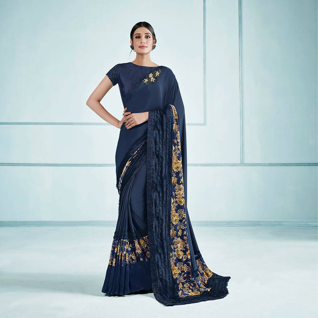 Blue Lycra sequence Saree with Unstitched Blouse Piece - Norita Elaura - Distacart