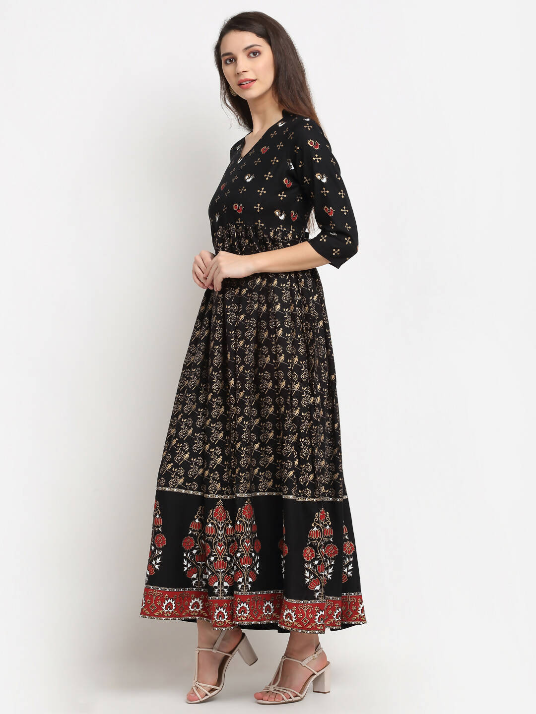 Rudra Bazaar Floral Printed A-Line Flared Black Kurti - Distacart
