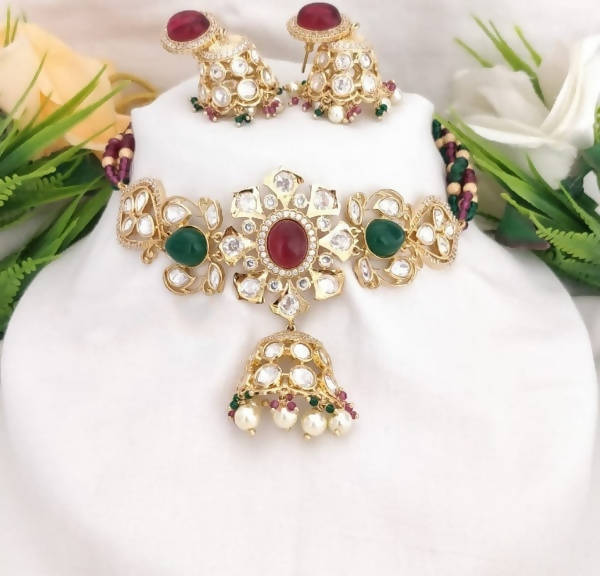 Khavi Arts Designer Pearl Choker-Green and Red - Distacart