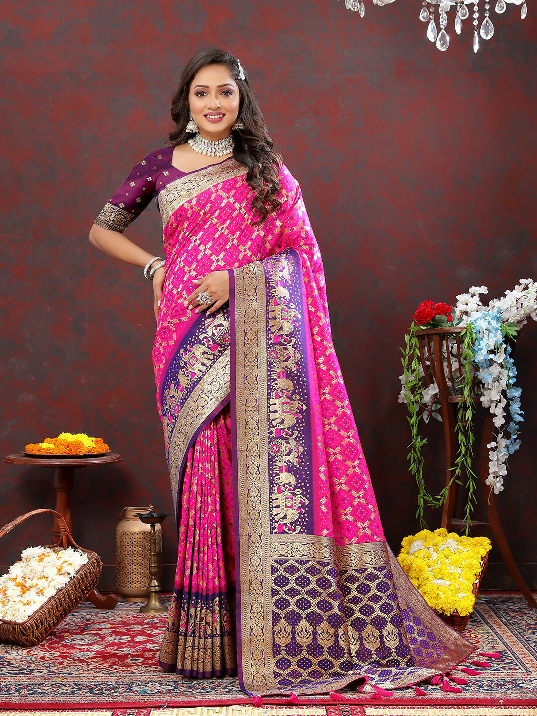 Lorenvalley Fashion Magenta & Wine Patola Silk Woven Design Meenakari Weaving Saree - Distacart