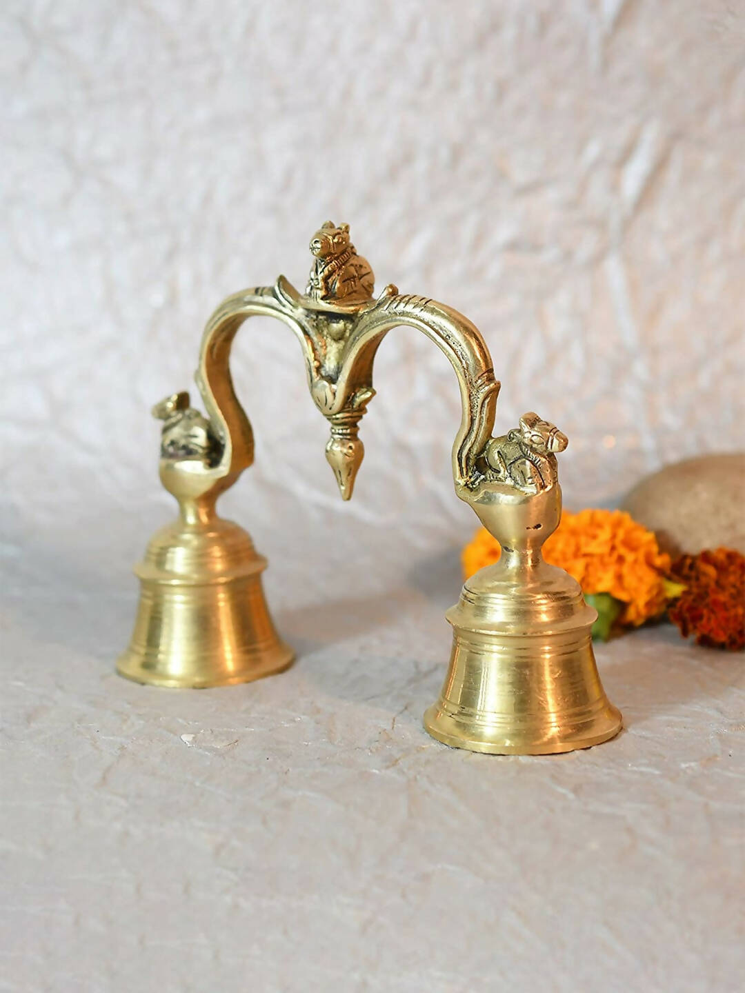 CraftVatika Gold-Toned Brass Hand Held With Nandi Sitting On Top Double Puja Bell - Distacart