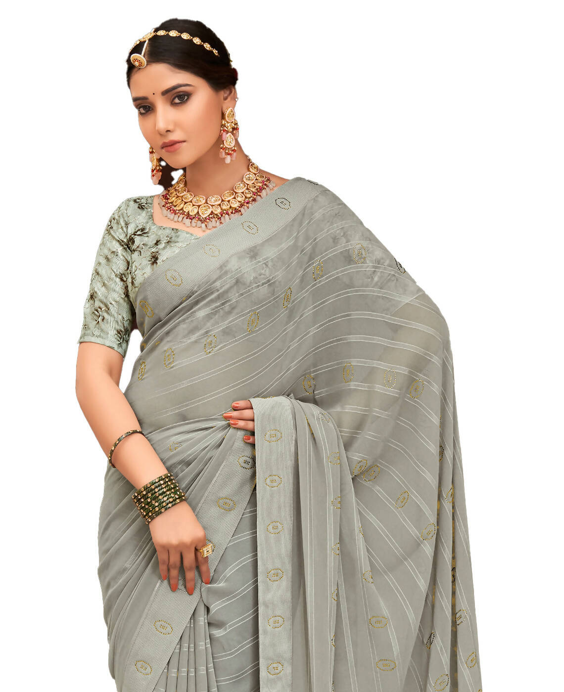 Grey Georgette Swaroski Work Saree With Unstitched Blouse Piece - Juhi - Distacart