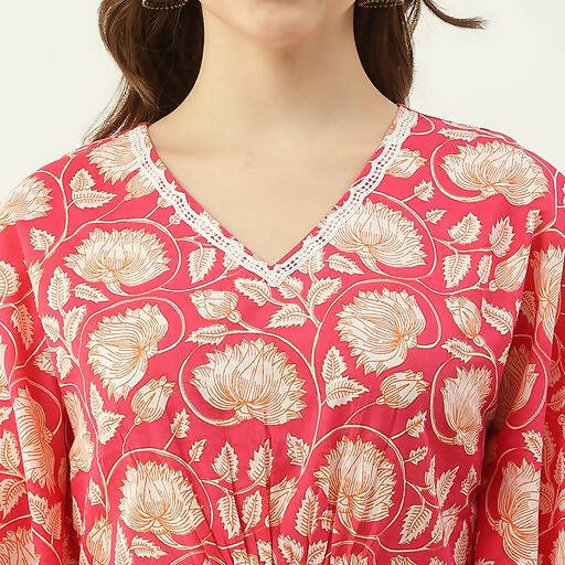 FIORRA Women's Printed Pure Cotton Kaftan Kurta - Red - Distacart